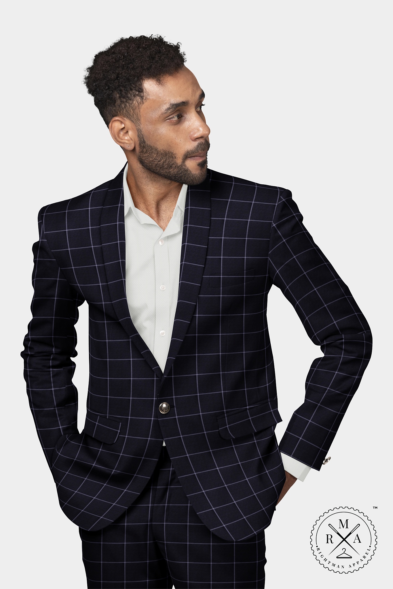 Black Two Piece Suit With White Windowpane Checks SU44